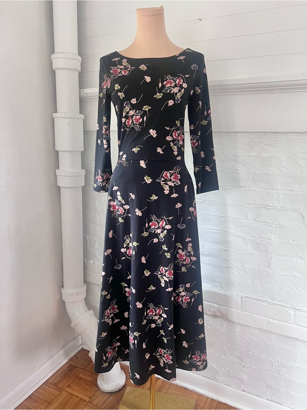 Pact Scarlett Open Back Black Floral Midi Dress Organic Cotton Size Small